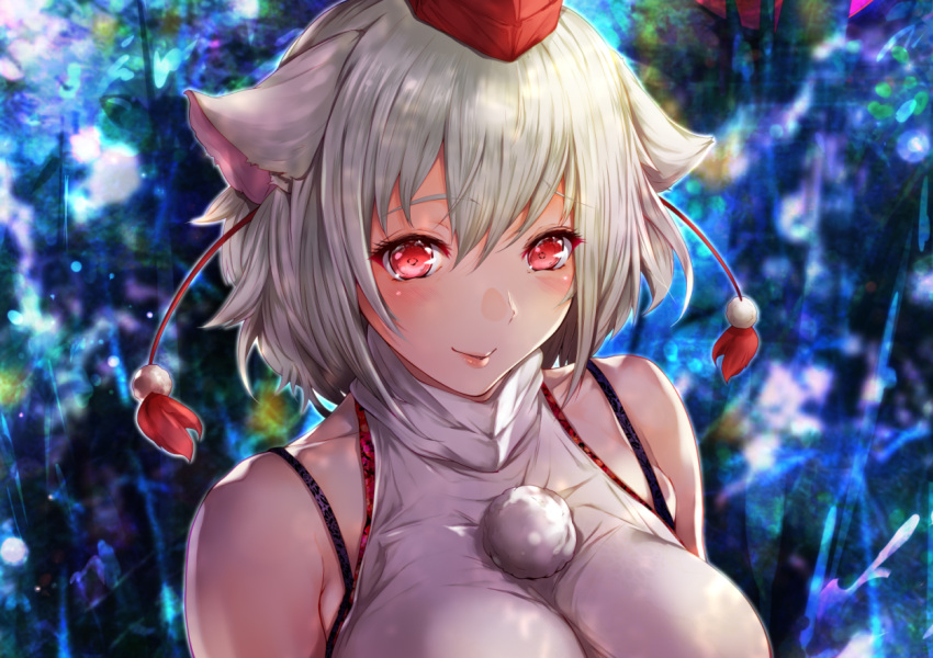 1girl animal_ears bangs bare_shoulders blush bra_strap breasts commentary eyebrows_visible_through_hair hair_between_eyes hat inubashiri_momiji large_breasts lips looking_at_viewer mayonaka_taruho pom_pom_(clothes) portrait red_eyes shirt short_hair silver_hair sleeveless sleeveless_shirt smile solo tassel tokin_hat touhou turtleneck white_shirt wolf_ears