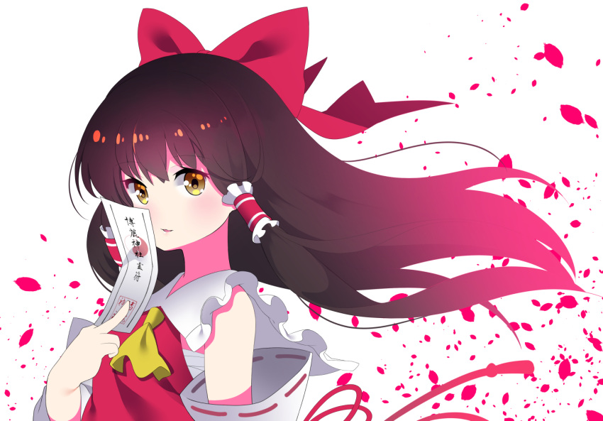 1girl ascot bow brown_hair detached_sleeves eyebrows_visible_through_hair hair_bow hair_tubes hakurei_reimu long_hair looking_at_viewer nontraditional_miko ofuda petals simple_background solo straight_hair touhou upper_body white_background wide_sleeves wind yellow_eyes yin_yang yuujin_(mhhnp306)