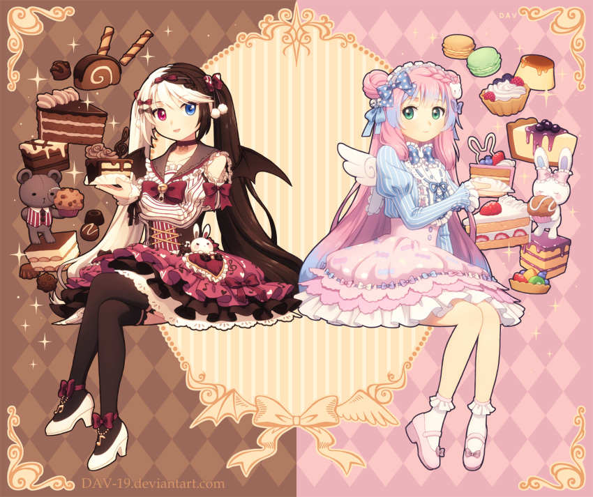 2girls 2others ambiguous_gender artist_name blue_eyes blue_hair bow brown_hair cake chocolate dav-19 deviantart_username dress english_text female food heterochromia macaron muffin multicolored_hair original original_character pink_dress pink_hair pink_shoes plushie red_dress red_eyes shoes socks strawberry text white_hair white_shoes