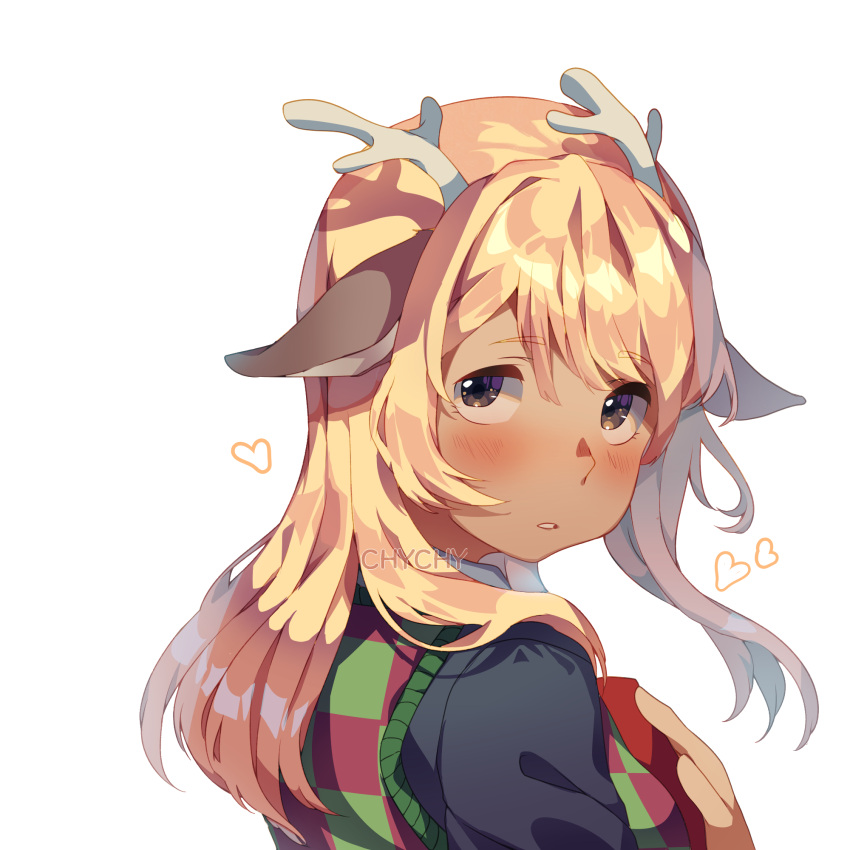 1girl antlers bangs blonde_hair blush deltarune hair_ornament hairclip hands_on_own_chest heart highres janineuy09 long_hair long_sleeves looking_at_viewer noelle_holiday yellow_eyes