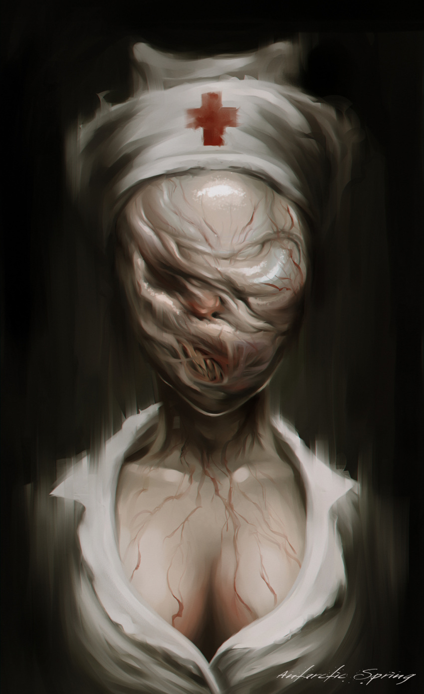 1girl breasts bubble_head_nurse cleavage commentary faceless hat highres monster_girl nurse nurse_cap silent_hill silent_hill_2 solo