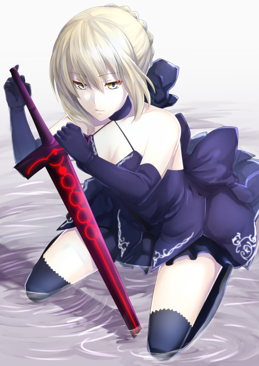 1girl absurdres artoria_pendragon_(all) bare_shoulders blonde_hair braid breasts cleavage dark_excalibur dress elbow_gloves fate_(series) french_braid gloves hair_between_eyes highres looking_at_viewer partially_submerged saber saber_alter small_breasts solo thighs weaponman yellow_eyes