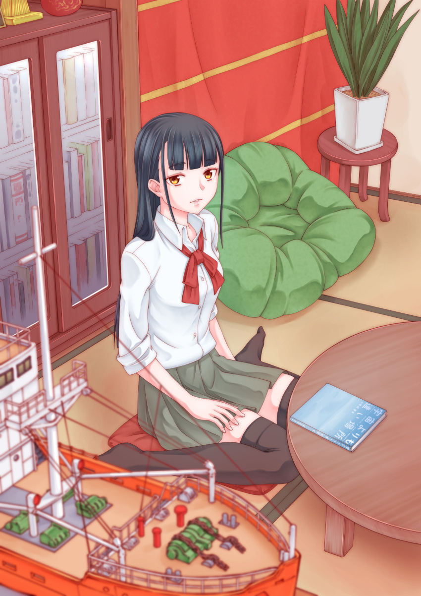 bangs bean_bag_chair black_legwear blunt_bangs blurry_foreground book bookshelf brown_eyes green_skirt hand_on_lap highres indoors kobuchizawa_shirase long_hair looking_at_viewer model_ship parted_lips pillow plant potted_plant red_neckwear school_uniform shirt sitting skirt sora_yori_mo_tooi_basho table tatami thigh-highs tsukune_(seseri) very_long_hair wariza white_shirt