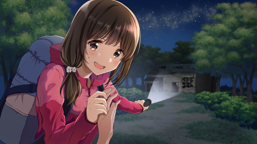 1girl :d backpack bag bangs blush broken_window brown_eyes brown_hair building commentary_request eyebrows_visible_through_hair fingernails flashlight flower forest hair_flower hair_ornament holding holding_flashlight holding_hand jacket long_hair long_sleeves low_ponytail nature night night_sky open_mouth original outdoors ponytail red_jacket sky smile solo_focus star_(sky) starry_sky sweat tree upper_body white_flower yatomi
