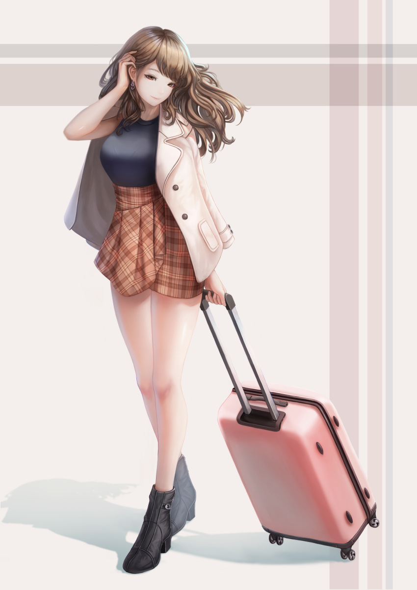 1girl absurdres adjusting_hair bag beige_coat black_footwear blue_shirt boots breasts brown_eyes brown_skirt closed_mouth clothes_on_shoulders coat dori_(pixiv_36360503) earrings half-closed_eyes high_heel_boots high_heels highres holding holding_bag jacket_on_shoulders jewelry large_breasts long_hair open_clothes open_coat original plaid plaid_skirt shirt skirt sleeveless sleeveless_shirt smile solo standing