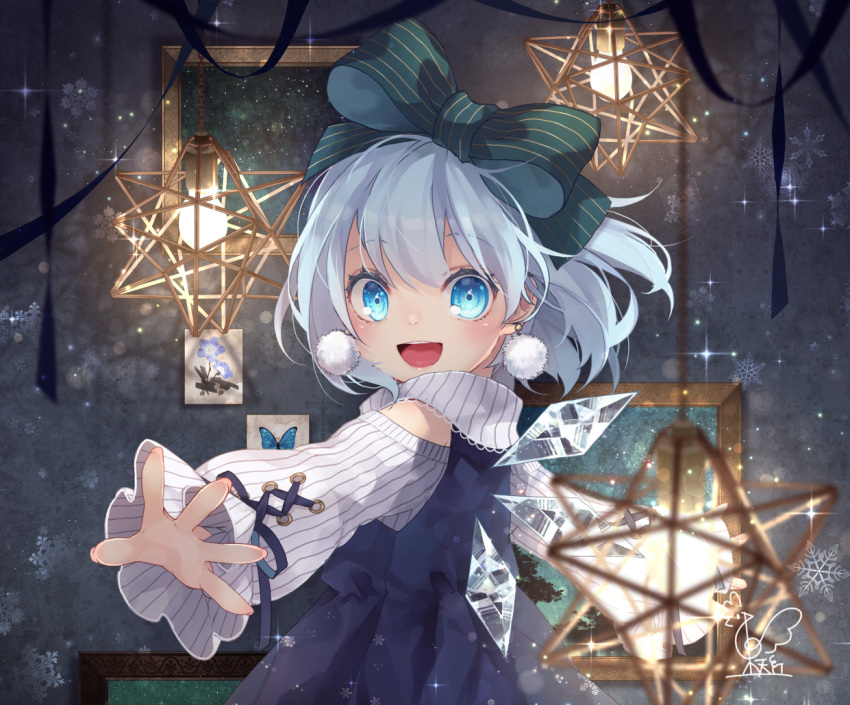 1girl :d adapted_costume bangs bare_shoulders blue_dress blue_eyes blue_flower blue_hair blue_ribbon blush bow bug butterfly cirno commentary_request dress earrings eyebrows_visible_through_hair flower green_bow hair_between_eyes hair_bow ice ice_wings insect jewelry long_sleeves open_mouth picture_frame pinafore_dress pom_pom_(clothes) ribbon shirt short_hair shoulder_cutout signature smile snowflakes solo sparkle striped striped_bow touhou toutenkou upper_body white_shirt wide_sleeves wings