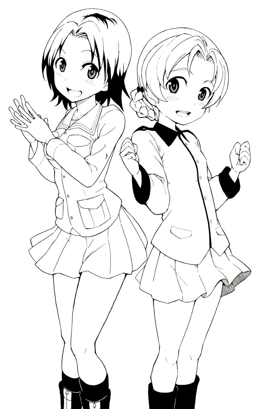2girls back-to-back bangs blue_jacket boots bow braid clenched_hands epaulettes girls_und_panzer hair_bow hands_together highres jacket light_blush lineart long_sleeves looking_at_viewer military military_uniform miniskirt monochrome multiple_girls ooarai_military_uniform open_mouth orange_pekoe parted_bangs pleated_skirt sawa_azusa shirt short_hair skirt smile socks st._gloriana's_military_uniform standing tied_hair twin_braids uniform w_arms yabai_gorilla zipper