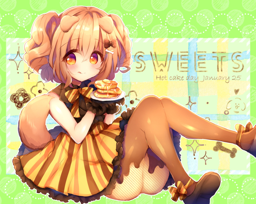 1girl :q animal_ears ankle_bow ankle_ribbon ass bangs bare_shoulders black_gloves black_shirt blush bone_hair_ornament bow brown_bow brown_footwear brown_hair brown_legwear closed_mouth commentary_request diagonal_stripes dog_ears dog_girl dog_tail eyebrows_visible_through_hair food food_themed_clothes frilled_skirt frills gloves hair_between_eyes hair_bow hair_ornament hairclip hands_up haru_ichigo holding holding_plate looking_at_viewer original pancake pantyhose plate ribbon shirt shoe_soles shoes sitting skirt sleeveless sleeveless_shirt smile solo sparkle striped striped_bow tail tongue tongue_out two_side_up vertical-striped_skirt vertical_stripes