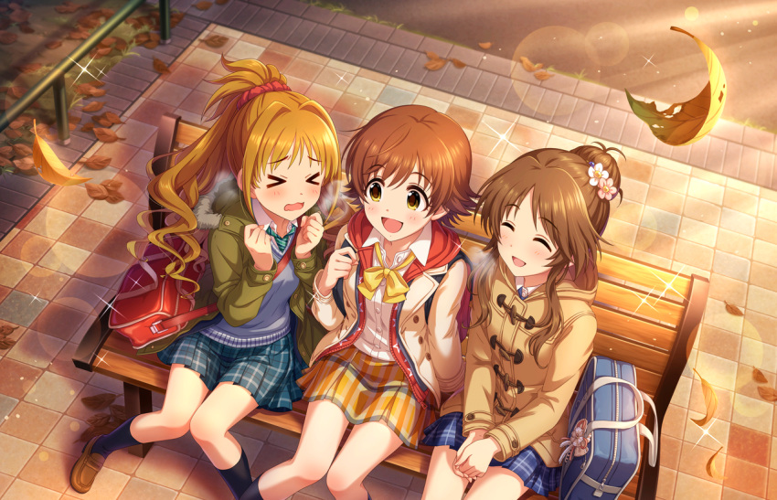 3girls blush brown_hair character_name closed_eyes dress group honda_mio idolmaster idolmaster_cinderella_girls idolmaster_cinderella_girls_starlight_stage official_art open_mouth school_bag school_uniform short_hair smile sparkle_background sunlight