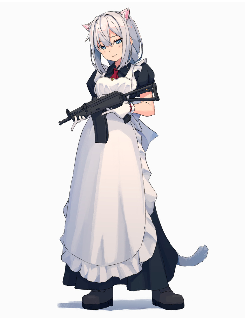 animal_ears apron blue_eyes cat_ears cat_tail commentary full_body gloves gun highres holding holding_gun holding_weapon maid maid_apron original silver_hair tail trigger_discipline weapon weapon_request white_background white_gloves wozora