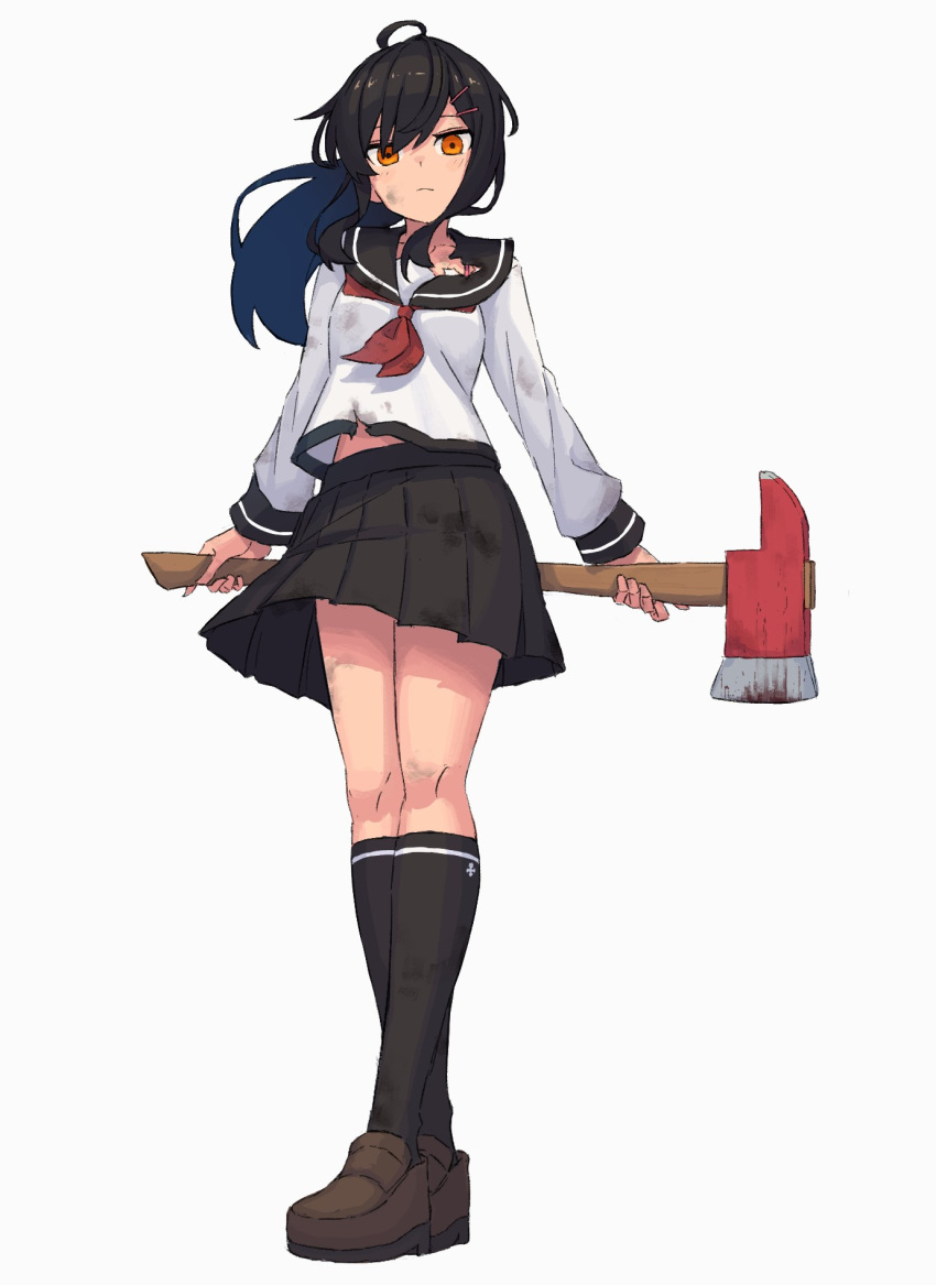 1girl ahoge axe black_hair black_legwear blood blood_stain bra_strap commentary dirty_clothes fire_axe full_body hair_ornament hairclip highres holding holding_axe kneehighs loafers long_hair looking_at_viewer orange_eyes original school_uniform serafuku shoes solo torn_clothes white_background wozora
