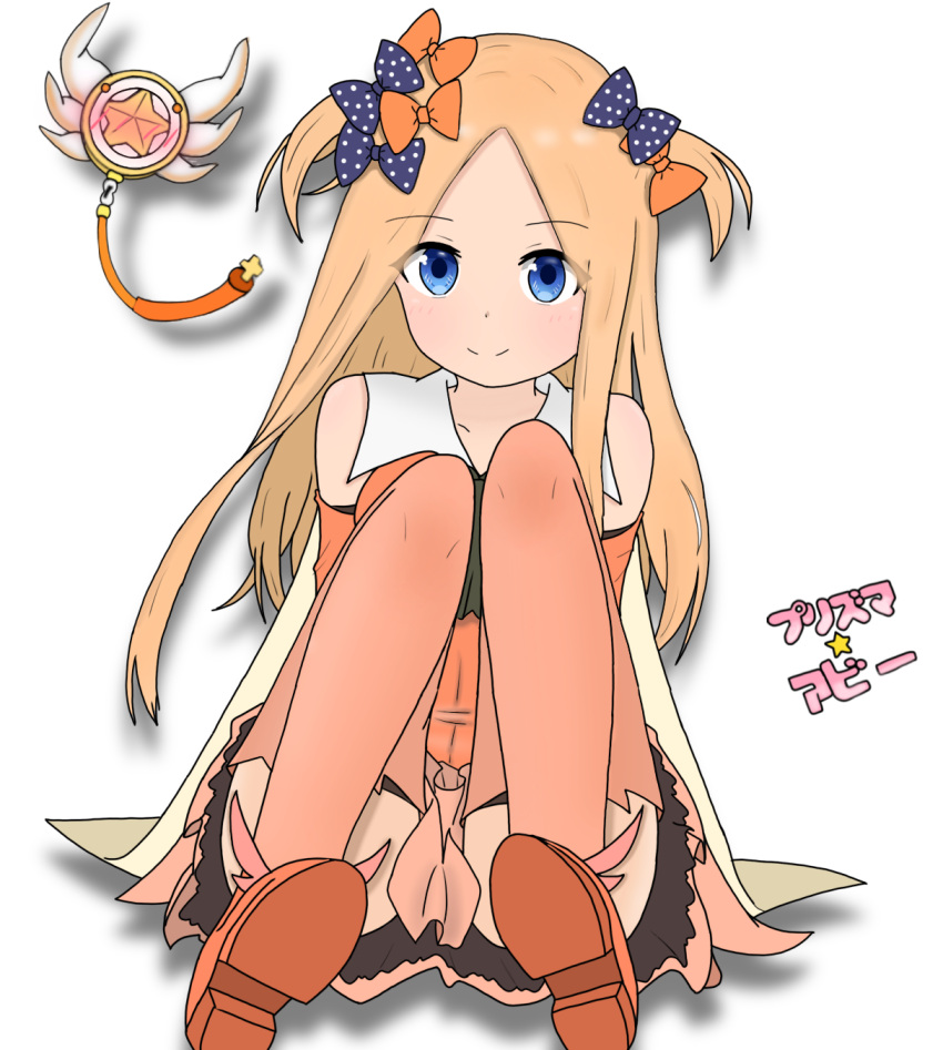 1girl abigail_williams_(fate/grand_order) alternate_color ass atsumisu bangs bare_shoulders black_bow blue_eyes blush boots bow brown_footwear brown_legwear brown_skirt closed_mouth collarbone commentary_request cosplay detached_sleeves eyebrows_visible_through_hair fate/grand_order fate/kaleid_liner_prisma_illya fate_(series) forehead green_shirt hair_bow highres kaleidostick long_hair orange_bow orange_sleeves parted_bangs polka_dot polka_dot_bow prisma_illya prisma_illya_(cosplay) shirt shoe_soles skirt smile solo star thigh-highs thigh_boots translation_request two_side_up very_long_hair white_background