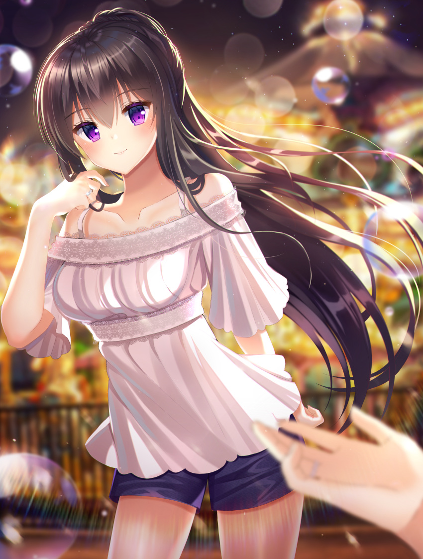 1girl absurdres amusement_park black_hair blue_shorts blurry blurry_background blush bubble collarbone dress ecu8080 hand_up hands highres huge_filesize jewelry long_hair looking_at_viewer night night_sky original railing ring short_sleeves shorts sky smile standing very_long_hair violet_eyes white_dress