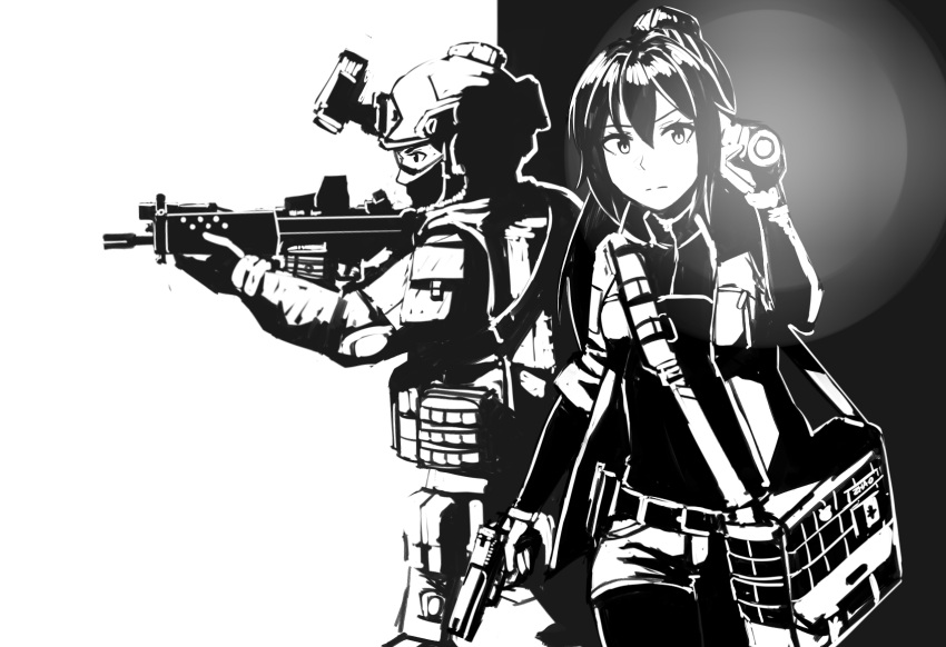 1boy 1girl assault_rifle bag bangs belt belt_buckle black_background buckle commentary_request flashlight gloves greyscale gun hair_between_eyes handgun helmet high_ponytail highres holding holding_flashlight holding_gun holding_weapon jacket long_hair looking_at_viewer monochrome ndtwofives open_clothes open_jacket original pantyhose pistol ponytail profile rifle shirt short_shorts shorts shoulder_bag sidelocks sig_552 sig_sauer two-tone_background v-shaped_eyebrows weapon white_background