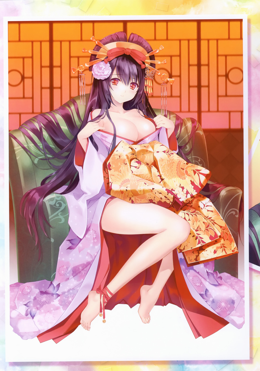 1girl absurdres alternate_costume ankle_ribbon artist_name bare_legs barefoot bell black_hair breasts carnelian cleavage couch feet floral_print full_body fusou_(kantai_collection) headdress highres japanese_clothes jingle_bell kantai_collection kimono large_breasts long_hair looking_at_viewer off_shoulder oiran red_eyes ribbon scan sitting smile solo very_long_hair