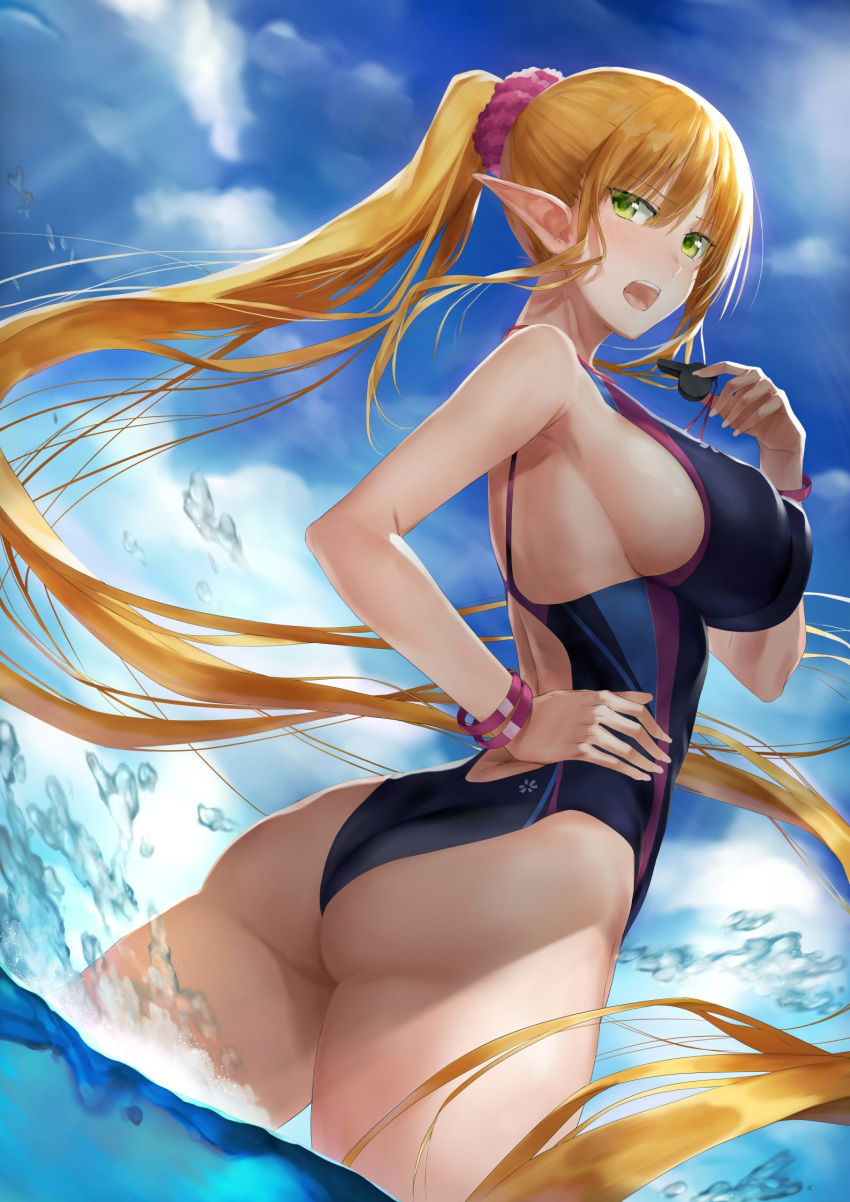 1girl absurdly_long_hair akitaka_akita ass bangs bare_shoulders blonde_hair blue_sky blush breasts clouds competition_swimsuit day elf eyebrows_visible_through_hair floating_hair green_eyes hair_between_eyes hair_ornament hair_scrunchie hand_on_hip highres holding_whistle jewelry large_breasts long_hair looking_at_viewer looking_back one-piece_swimsuit open_mouth original outdoors pink_scrunchie pointy_ears ponytail scrunchie sidelocks sky solo splashing swimsuit tsurime twisted_torso upper_teeth very_long_hair wading water whistle wristband