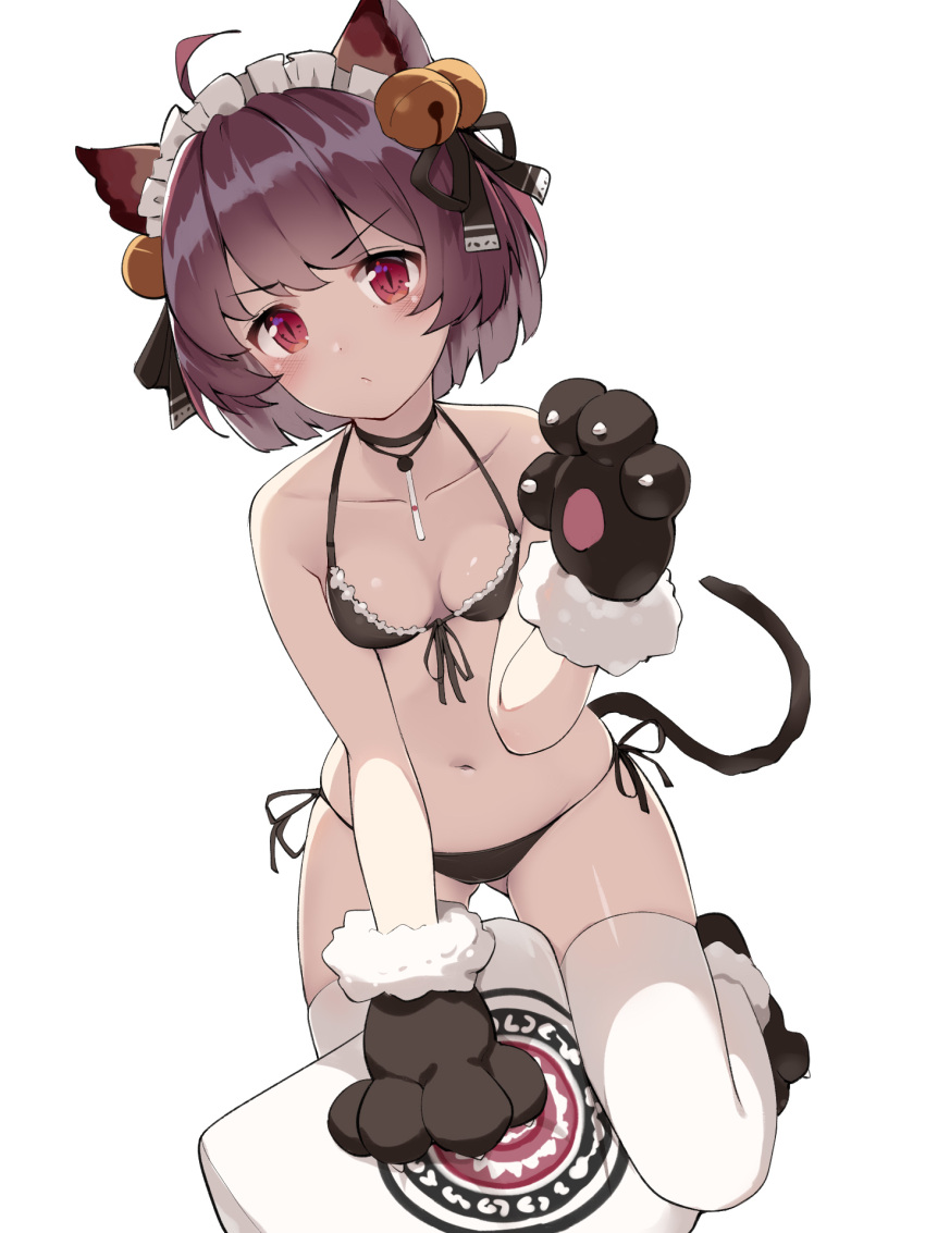 1girl ahoge animal_ears ass_visible_through_thighs bangs bare_arms bare_shoulders bell bikini black_bikini black_choker black_ribbon blush breasts brown_hair cat_ears cat_girl cat_paws cat_tail choker closed_mouth collarbone commentary_request eyebrows_visible_through_hair front-tie_bikini front-tie_top gin00 gloves hair_bell hair_ornament hair_ribbon halter_top halterneck hand_up headdress highres jingle_bell looking_at_viewer maid_headdress navel original paw_gloves paw_shoes paws red_eyes ribbon shoes short_hair side-tie_bikini simple_background skindentation small_breasts solo stomach swimsuit tail thigh-highs v-shaped_eyebrows white_background white_legwear