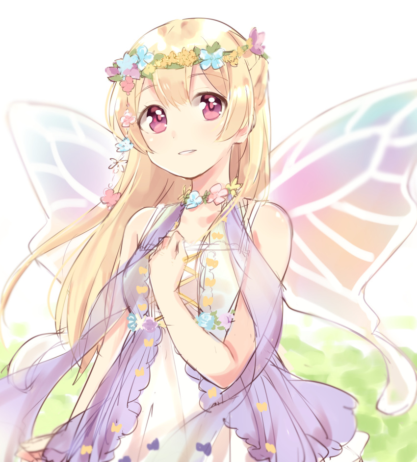 1girl bang_dream! bangs blonde_hair clenched_hand cross-laced_clothes dress fairy_wings flower flower_necklace half_updo hand_on_own_chest head_wreath highres jewelry komachi_narota long_hair looking_at_viewer necklace parted_lips shawl shirasagi_chisato solo violet_eyes wings