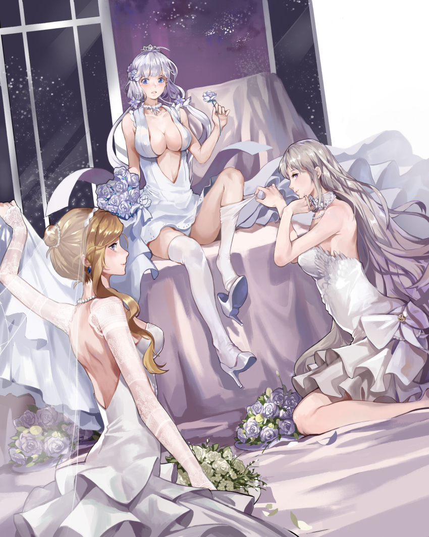 3girls absurdres ahoge asymmetrical_hair azur_lane back bare_shoulders blonde_hair blue_eyes blush bouquet bow breasts bridal_veil bride center_opening cleavage closed_mouth collarbone commentary_request covered_nipples detached_sleeves dress earrings enterprise_(azur_lane) floating_hair flower hair_over_shoulder hair_ribbon hand_in_hair high_heels highres holding holding_bouquet holding_flower hood_(azur_lane) illustrious_(azur_lane) indoors jewelry lace lace-trimmed_dress large_breasts long_hair long_sleeves looking_at_viewer low_twintails multiple_girls narakuuu necklace night parted_lips pearl_necklace pulled_by_another purple_flower purple_rose ribbon rose see-through shoe_dangle silver_hair sitting sleeves_past_wrists straight_hair strapless strapless_dress thigh-highs thighhighs_pull tiara tress_ribbon twintails veil violet_eyes wedding_dress white_bow white_dress white_flower white_footwear white_hair white_legwear white_rose window