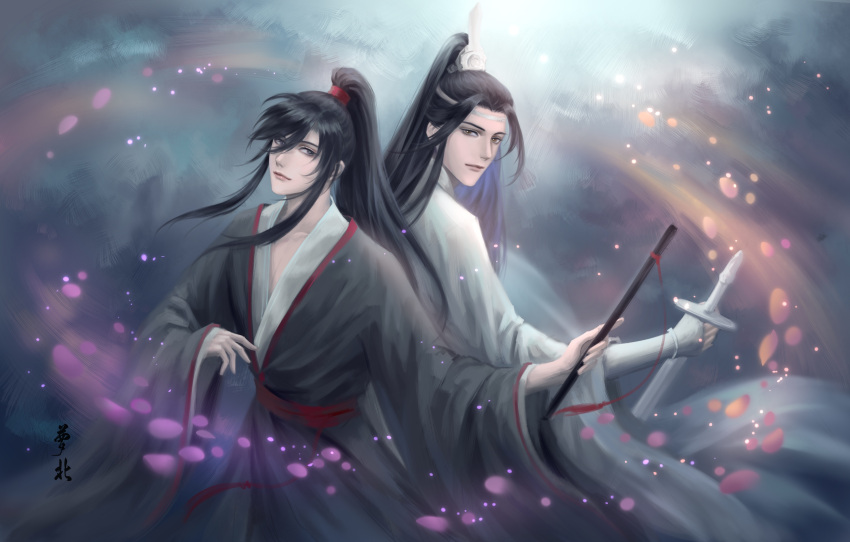 2boys absurdres back-to-back black_hair blurry blurry_background brown_eyes chinese chinese_clothes dreamingpool grey_eyes hairband highres holding holding_instrument holding_sword holding_weapon instrument long_hair looking_at_viewer male_focus mo_dao_zu_shi multiple_boys petals ponytail red_ribbon ribbon sidelocks standing sword translation_request very_long_hair wangji_lan weapon white_hairband wide_sleeves wuxian_wei yaoi