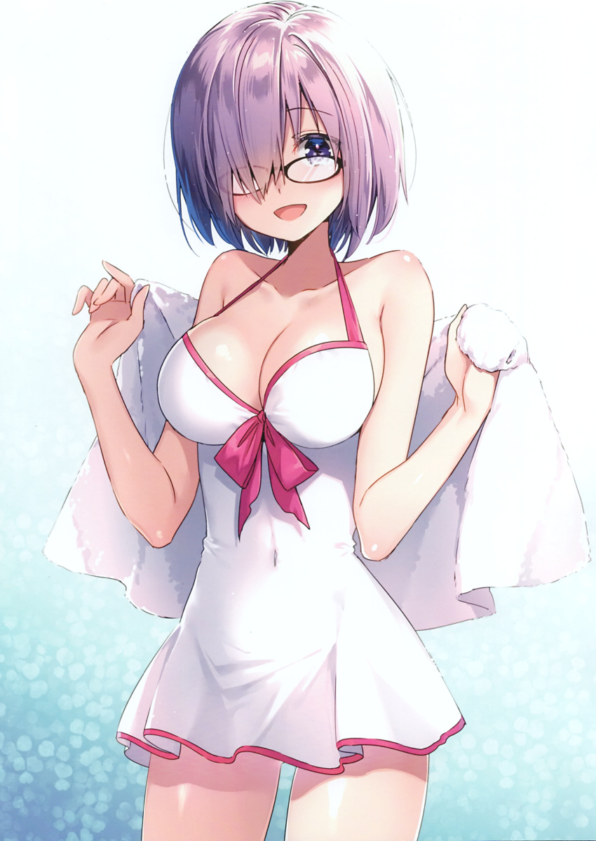 1girl :d absurdres bangs bare_shoulders black-framed_eyewear blush breasts cleavage collarbone covered_navel cowboy_shot dress eyebrows_visible_through_hair fate/grand_order fate_(series) glasses gradient gradient_background hair_over_one_eye hands_up highres holding holding_towel large_breasts looking_at_viewer mash_kyrielight masuishi_kinoto open_mouth purple_hair scan shiny shiny_hair shiny_skin short_dress short_hair simple_background smile solo swimsuit swimsuit_of_perpetual_summer tareme towel violet_eyes white_dress white_swimsuit white_towel