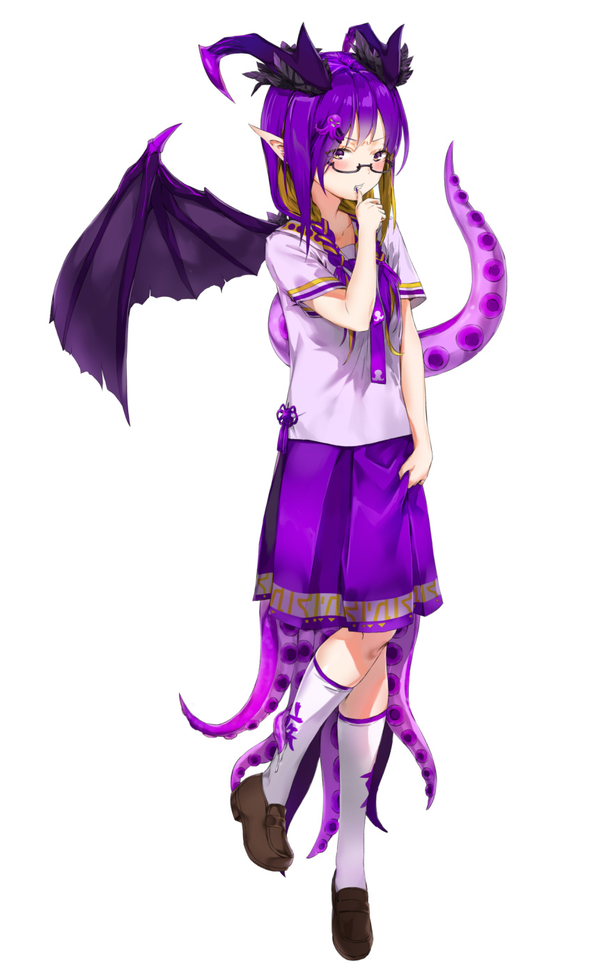 &gt;:/ 1girl biting black_wings blush braid brown_footwear brown_hair finger_biting full_body glasses hair_over_shoulder hand_up highres holding_skirt horns kneehighs looking_at_viewer low_braid monster_girl multicolored_hair nail_polish octopus_hair_ornament original pixel_(yuxian) purple-framed_eyewear purple_hair purple_nails purple_neckwear purple_skirt school_uniform serafuku shirt short_sleeves sidelocks simple_background skirt solo standing tentacle twin_braids two-tone_hair violet_eyes wet white_background white_legwear white_shirt wings