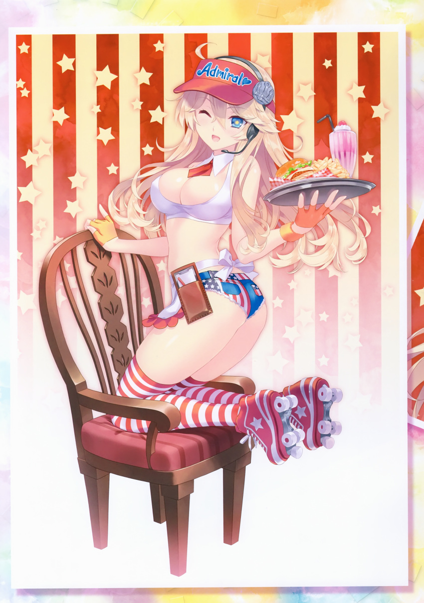 1girl ;d absurdres ahoge alternate_costume america american_flag american_flag_print apron ass bangs blonde_hair blue_eyes breasts carnelian chair cleavage clipboard cutoffs detached_collar drinking_straw employee_uniform eyebrows_visible_through_hair fast_food fast_food_uniform fingerless_gloves flag_print food french_fries gloves gradient gradient_background halter_top halterneck hamburger headset highres holding iowa_(kantai_collection) kantai_collection kneeling large_breasts legs long_hair micro_shorts milkshake necktie one_eye_closed open_mouth pinky_out red_legwear red_neckwear roller_skates scan shiny shiny_hair shiny_skin shorts skates smile solo star star-shaped_pupils starry_background striped striped_legwear symbol-shaped_pupils thigh-highs tray uniform visor_cap waist_apron waitress