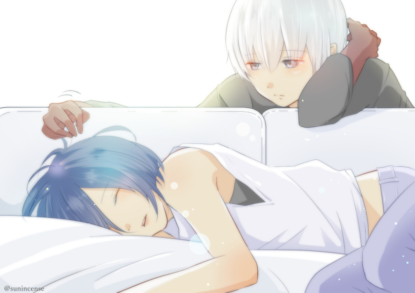 1boy 1girl @ artist_name bare_arms black_bra black_shirt blue_hair blue_legwear bra commentary_request couch dark_skin eyebrows_visible_through_hair hikari_(skrir-mu56) kaneki_ken kirishima_touka looking_at_another lying on_couch on_side open_eyes pants red_eyes shirt short_hair simple_background sleeping tokyo_ghoul tokyo_ghoul:re underwear white_background white_hair white_shirt