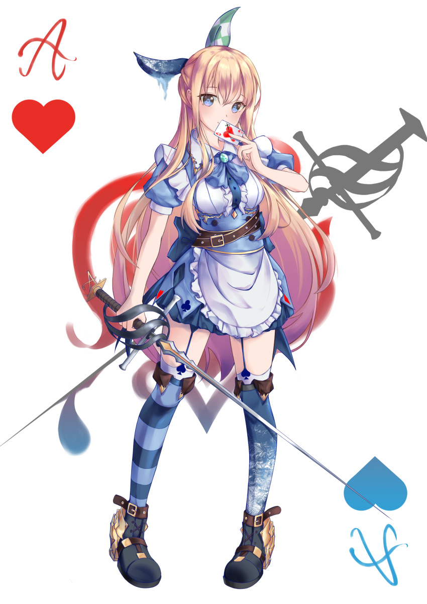 1girl absurdres ace_of_hearts alice_(wonderland) alice_in_wonderland apron bangs belt belt_buckle black_footwear blonde_hair blue_dress blue_eyes blue_legwear blue_neckwear breasts brooch brown_belt buckle card center_frills checkered closed_mouth club_(shape) collared_shirt commentary dress eyebrows_visible_through_hair fingernails frilled_apron frills fuusen_tsuchi garter_straps hair_between_eyes hand_up heart highres holding holding_card holding_sword holding_weapon jewelry long_hair looking_at_viewer mismatched_legwear over-kneehighs pigeon-toed playing_card puffy_short_sleeves puffy_sleeves shirt short_sleeves small_breasts smile solo spade_(shape) standing striped striped_legwear sword thigh-highs very_long_hair waist_apron weapon white_apron white_shirt