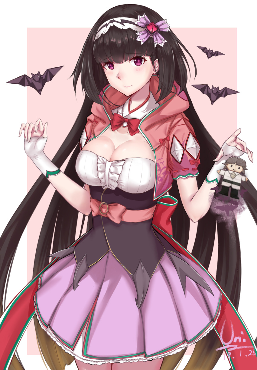 1girl bangs bat black_hair blush bow breasts brown_hair chaldea_uniform character_doll cleavage cloak commentary_request cowboy_shot dated eyebrows_visible_through_hair fate/grand_order fate_(series) fujimaru_ritsuka_(male) gradient_hair hair_ornament hairband highres hood hood_down hooded_cloak long_hair low_twintails medium_breasts multicolored_hair origami osakabe-hime_(fate/grand_order) puffy_short_sleeves puffy_sleeves purple_skirt sash short_sleeves signature skirt solo standing twintails unique_(pixiv12704744) very_long_hair violet_eyes