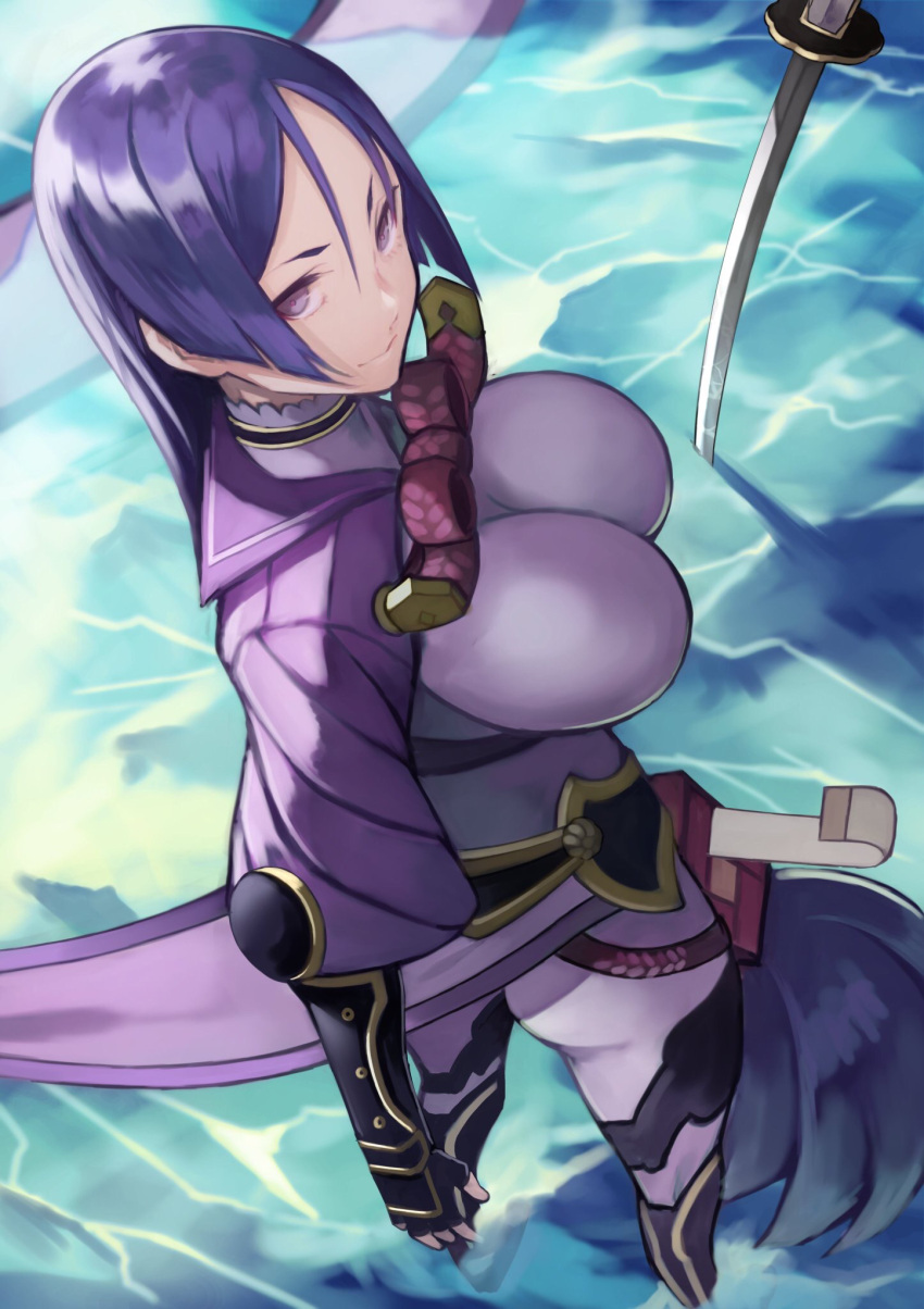 1girl 55level armor bracer breasts fate/grand_order fate_(series) fingerless_gloves from_above gloves high_collar highres hip_armor katana large_breasts leg_armor light_smile looking_at_viewer looking_up minamoto_no_raikou_(fate/grand_order) pelvic_curtain puffy_sleeves purple_hair sailor_collar smile solo standing sword violet_eyes water weapon