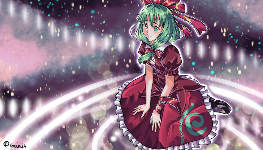 1girl abstract_background absurdres adapted_costume bangs bow dress frilled_dress frills full_body guinii4 hair_between_eyes highres kagiyama_hina light_blush long_hair looking_at_viewer project_heartbeat ribbon skirt solo touhou