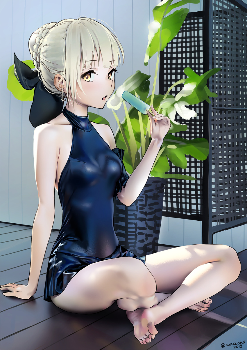 1girl :o arm_support artoria_pendragon_(all) bangs bare_shoulders barefoot black_bow black_swimsuit blonde_hair bow braid breasts collarbone crown_braid eyebrows_visible_through_hair fate/grand_order fate_(series) feet food hair_bow hair_bun hair_ribbon highres holding holding_food indian_style indoors looking_at_viewer medium_breasts on_floor one-piece_swimsuit open_mouth photo-referenced plant popsicle potted_plant ribbon saber_alter shiny shiny_clothes sidelocks sitting small_breasts solo sunako_(veera) swimsuit white_hair wooden_floor yellow_eyes