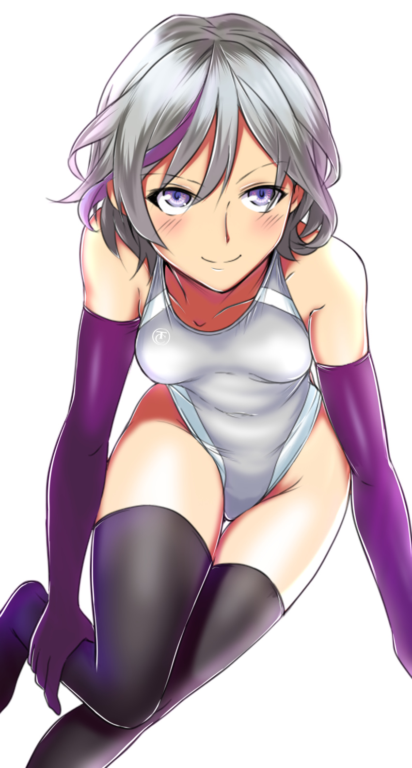 1girl absurdres aiuchi all_fours black_legwear collarbone commentary_request competition_swimsuit elbow_gloves feet_out_of_frame girls_frontline gloves grey_hair highleg highleg_swimsuit highres logo looking_at_viewer multicolored_hair one-piece_swimsuit purple_hair short_hair silver_swimsuit simple_background solo streaked_hair swimsuit thigh-highs thompson/center_contender_(girls_frontline) violet_eyes white_background