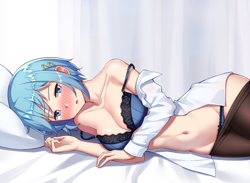 1girl bangs bare_shoulders bed_sheet black_legwear blue_bra blue_eyes blue_hair blue_panties blush bra breasts cleavage collarbone commentary_request cowboy_shot curtains du_mogu eyebrows_visible_through_hair groin hair_ornament hairclip hand_up long_sleeves looking_at_viewer lying mahou_shoujo_madoka_magica medium_breasts miki_sayaka navel nose_blush off_shoulder on_side open_clothes open_shirt panties pantyhose parted_lips shirt short_hair solo stomach strap_slip underwear white_shirt