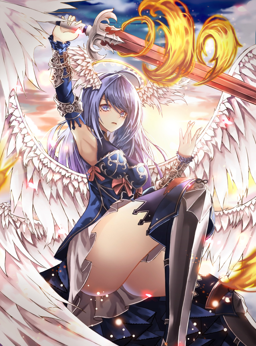 1girl absurdres ahoge angel angel_wings arm_up armor armored_boots armpits ass bangs blue_eyes blue_hair blue_shirt blue_sky boots breasts clouds cup6542 day detached_sleeves facial_mark feathered_wings fire gauntlets halo hand_up head_wings highres holding holding_sword holding_weapon knee_up long_hair looking_at_viewer magic medium_breasts miniskirt original outdoors parted_lips red_ribbon ribbon shirt skirt sky solo star sword thigh-highs v-shaped_eyebrows weapon white_skirt wings