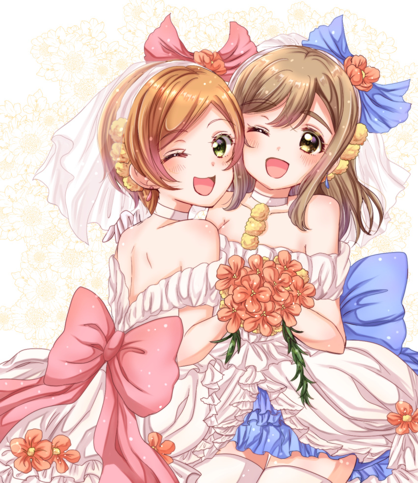 blue_ribbon brown_eyes brown_hair dress eneco flower highres hoshizora_rin kunikida_hanamaru love_live! love_live!_school_idol_project love_live!_sunshine!! love_wing_bell one_eye_closed orange_hair red_ribbon ribbon shoulders smile wedding_dress white_background yellow_eyes