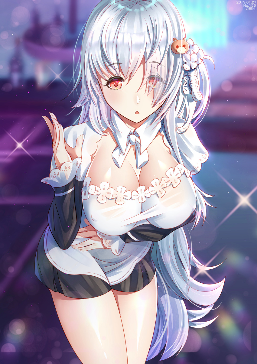 1girl absurdres alternate_costume bear_hair_ornament blurry blush bokeh breasts cleavage depth_of_field dress enmaided eyebrows_visible_through_hair eyes_visible_through_hair girls_frontline glint hair_ornament hair_over_one_eye hand_up highres jiaxi_daze large_breasts long_hair looking_at_viewer maid pk_(girls_frontline) red_eyes shrug_(clothing) silver_hair skirt solo sparkle very_long_hair white_hair