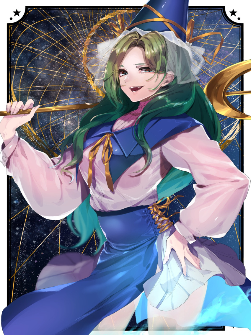1girl blouse blue_capelet capelet collared_blouse commentary_request crescent_moon fang fuuga_(perv_rsity) ghost_tail green_eyes green_hair half-closed_eyes hand_on_hip hand_up hat hat_ribbon highres lace long_hair long_sleeves looking_at_viewer mima moon neck_ribbon open_mouth over_shoulder pelvic_curtain ribbon skirt smile solo staff teeth touhou touhou_(pc-98) turtleneck upper_body very_long_hair wand white_blouse wizard_hat