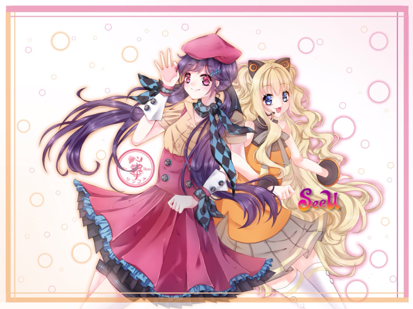 1girl 2girls animal_ears blonde_hair blue_eyes blue_scarf border bow cat_ears character_name checkered checkered_scarf dress fang grey_bow grey_skirt hair_ornament hand_up hat headset highres log long_hair looking_at_viewer multiple_girls nicolestar orange_dress pink_dress pink_eyes pink_hat pleated_skirt purple_hair scarf seeu sidelocks simple_background skirt smile solo standing thigh-highs twintails very_long_hair vocaloid wavy_hair white_background white_legwear wrist_cuffs xin_hua