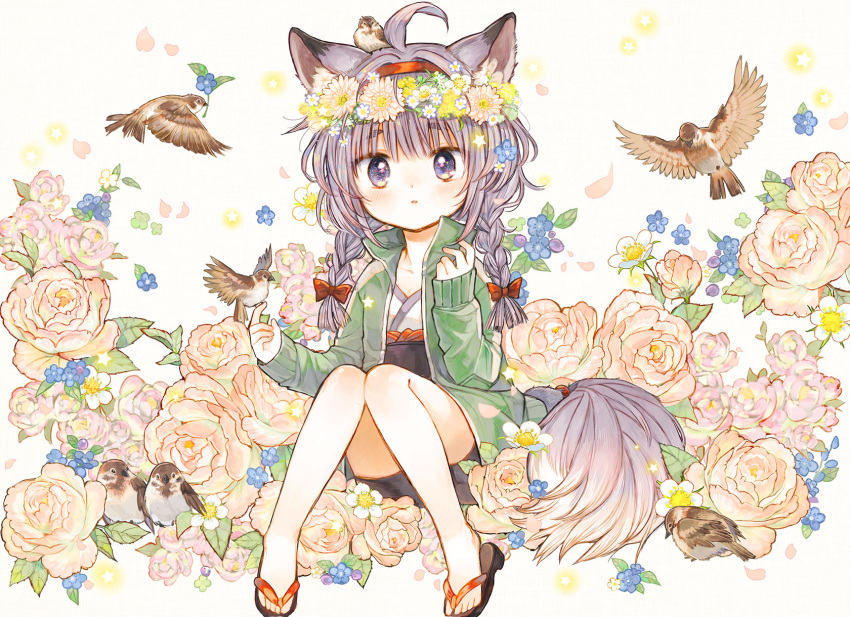 1girl ahoge animal animal_ears animal_on_head bare_legs bird bird_on_finger bird_on_head blush bow braid floral_print flower flower_wreath fox_ears fox_tail full_body green_jacket hair_bow hairband head_wreath highres itou_hachi jacket knees_together_feet_apart knees_up lavender_hair long_hair long_sleeves looking_at_viewer on_head parted_lips petals rose sandals sitting sleeves_past_wrists solo sparrow star tail torikago_scrap_march track_jacket twin_braids violet_eyes white_background
