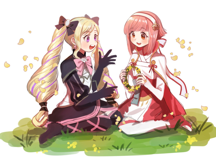 2girls black_bow black_gloves blonde_hair bow ddomy_pangin dress earrings elise_(fire_emblem_if) fire_emblem fire_emblem_if gloves grass hair_bow hairband highres jewelry long_hair multicolored_hair multiple_girls nintendo open_mouth petals pink_bow pink_hair purple_hair sakura_(fire_emblem_if) short_hair sitting twintails violet_eyes wreath