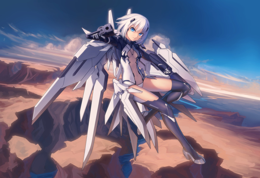 &gt;:( 1girl aiming_at_viewer aoi_kao_(lsz7106) bangs black_legwear blue_eyes blue_sky breasts breasts_apart canyon center_opening closed_mouth clouds date_a_live day dutch_angle eyebrows_visible_through_hair flying full_body gloves grey_footwear gun hair_ornament highres holding holding_gun holding_shield holding_weapon horizon leotard mechanical_wings navel outdoors outstretched_arm river serious shield short_hair silver_hair sky small_breasts solo thigh-highs tobiichi_origami weapon white_gloves white_leotard wings