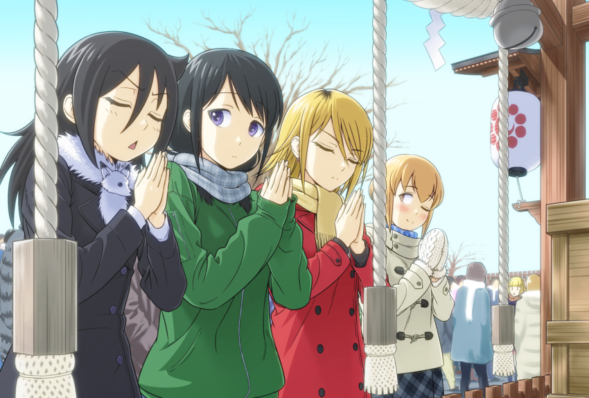 ;) argyle argyle_scarf black_coat black_hair blonde_hair blush closed_eyes coat crowd duffel_coat freckles fur_scarf green_jacket happy_new_year hatsumoude ichikawa_masahiro jacket kuroki_tomoko looking_at_another mittens multiple_girls new_year one_eye_closed own_hands_together plaid plaid_scarf plaid_skirt praying red_coat scarf shrine sideways_glance skirt smile tamura_yuri tanaka_mako triangle_mouth uchi_emiri violet_eyes watashi_ga_motenai_no_wa_dou_kangaetemo_omaera_ga_warui! white_coat yellow_scarf yoshida_masaki