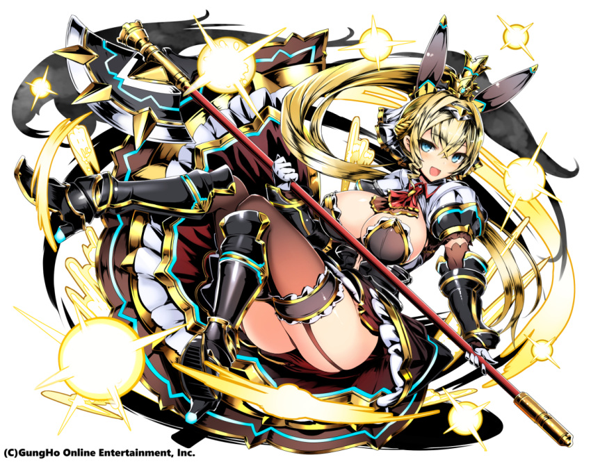 1girl :d animal_ears arm_warmers axe black_footwear blue_eyes boots bracer braid breasts brown_legwear brown_skirt cleavage company_name copyright_request crown crown_braid fake_animal_ears full_body garter_straps gloves holding holding_polearm holding_weapon knee_boots large_breasts long_hair looking_at_viewer open_mouth ponytail puffy_short_sleeves puffy_sleeves red_neckwear sessue short_sleeves sitting skirt smile solo thighs very_long_hair weapon white_background white_gloves