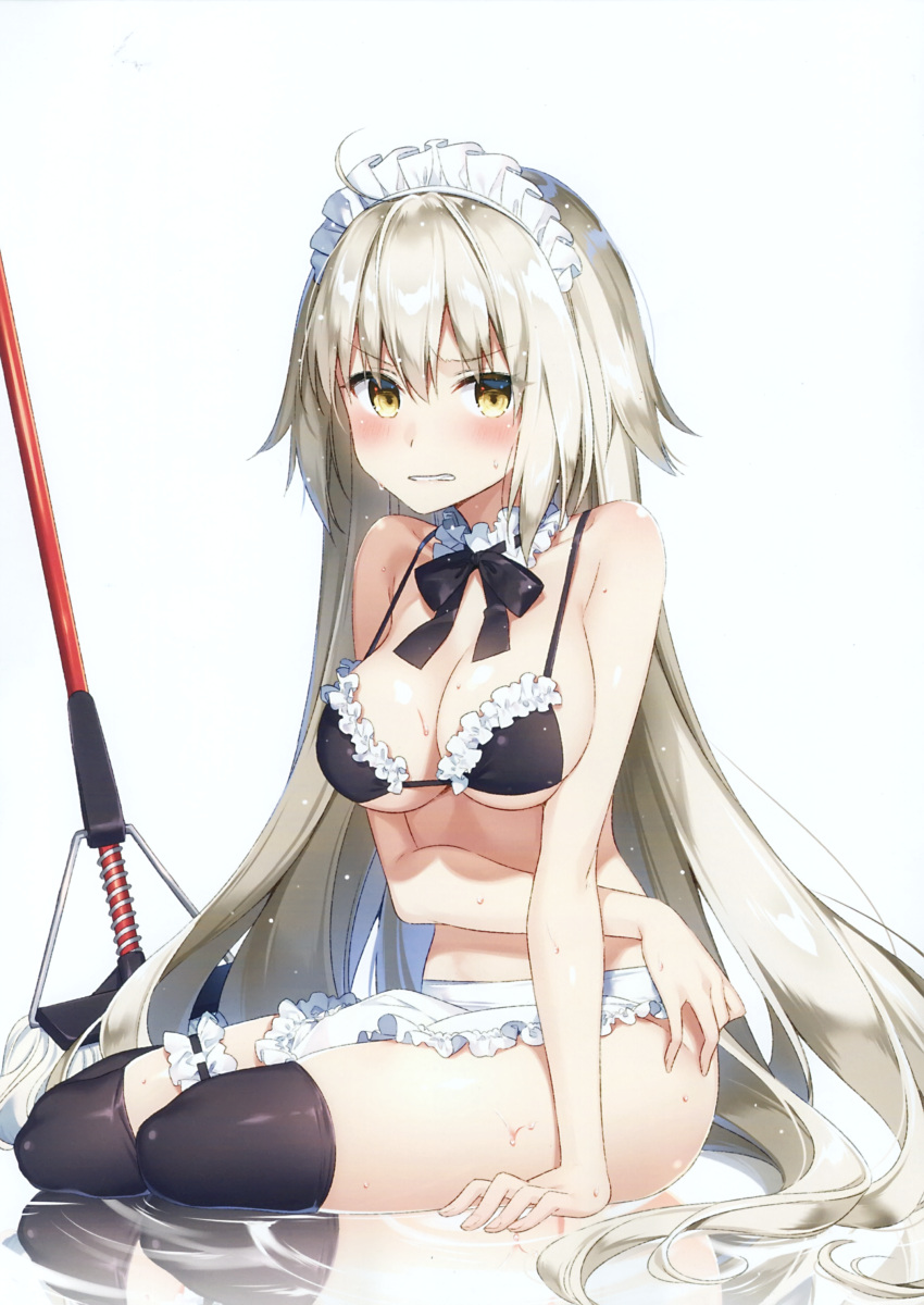 1girl absurdres apron arm_support bangs bare_shoulders bikini bikini_top black_bow black_legwear blush bow bowtie breasts eyebrows_visible_through_hair fate/grand_order fate_(series) frills highres jeanne_d'arc_(alter)_(fate) jeanne_d'arc_(fate)_(all) long_hair looking_at_viewer maid maid_headdress masuishi_kinoto medium_breasts parted_lips reflection scan shiny shiny_hair shiny_skin silver_hair simple_background sitting solo swimsuit thigh-highs thigh_strap very_long_hair waist_apron water_drop wet white_background yellow_eyes