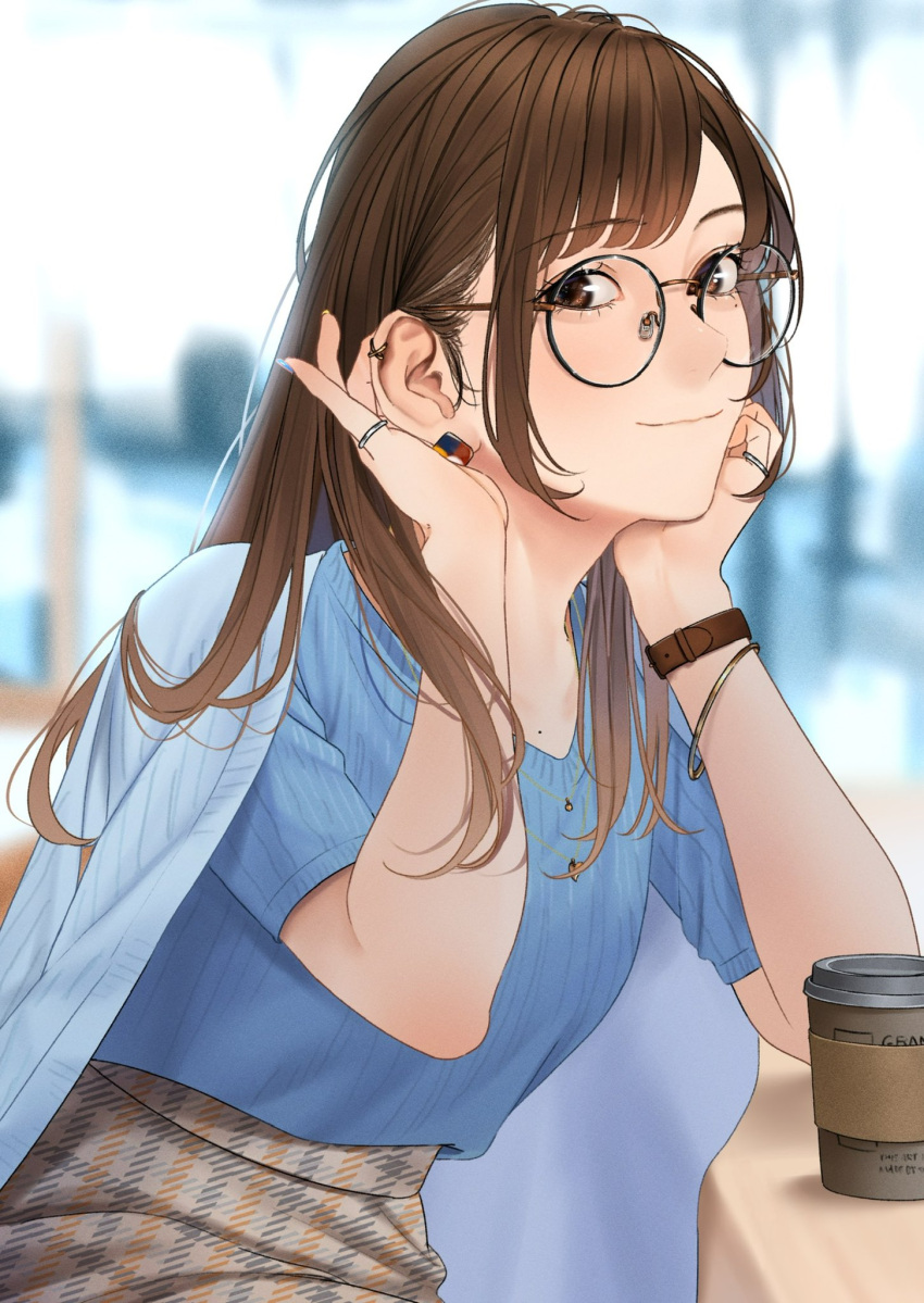 1girl black-framed_eyewear blue_cardigan blue_shirt bracelet brown_hair cardigan clothes_on_shoulders cup disposable_cup glasses highres jewelry looking_at_viewer mole mole_on_body mole_under_eye original plaid plaid_skirt ribbed_shirt ring round_eyewear saitou_(lynx-shrike) shirt skirt smile straight_hair watch watch