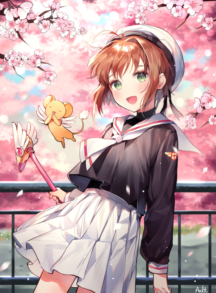 1girl :d azit_(down) bangs beret black_shirt blurry blurry_background blush brown_hair card_captor_sakura cherry_blossoms closed_eyes creature depth_of_field eyebrows_visible_through_hair fingernails fuuin_no_tsue green_eyes hat highres holding holding_wand kero kinomoto_sakura long_sleeves looking_at_viewer open_mouth petals pleated_skirt railing sailor_collar school_uniform serafuku shirt sidelocks signature skirt smile wand white_hat white_neckwear white_sailor_collar white_skirt