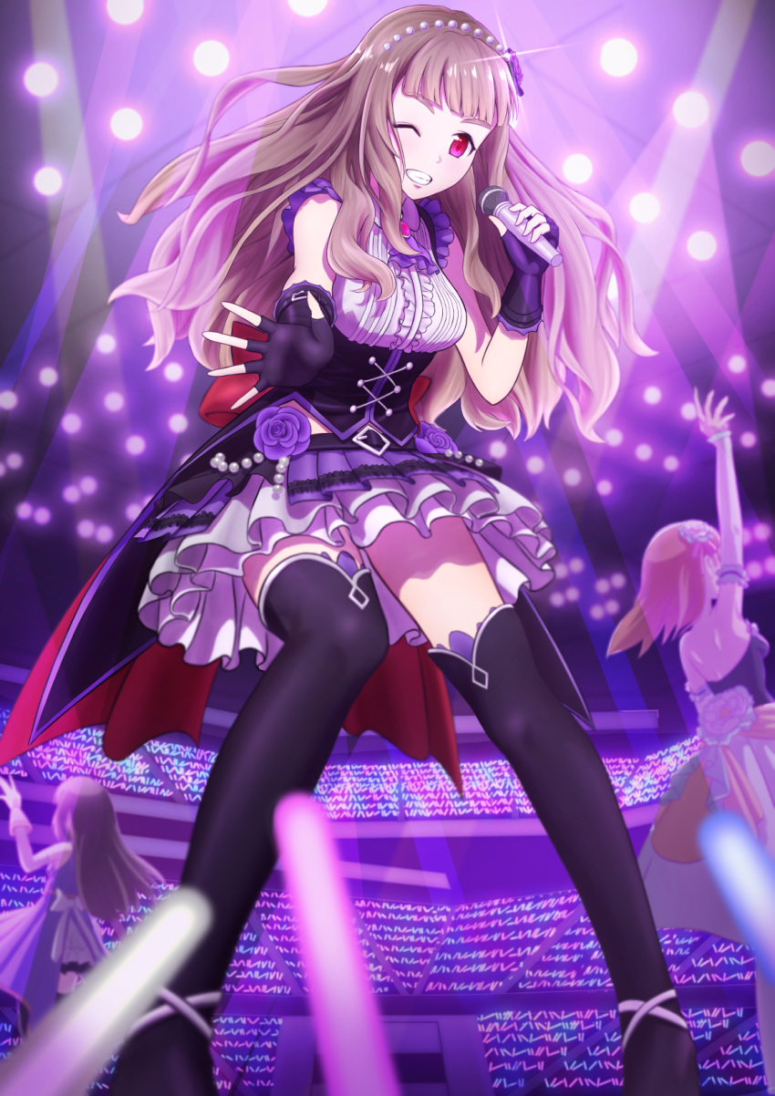3girls audience black_footwear black_gloves boots brown_hair corset diadem fingerless_gloves floating_hair flower gloves grin hair_flower hair_ornament highres holding holding_microphone houjou_karen idolmaster idolmaster_cinderella_girls idolmaster_cinderella_girls_starlight_stage kamiya_nao layered_skirt long_hair looking_at_viewer microphone miniskirt multiple_girls ntn00a one_eye_closed pleated_skirt purple_flower purple_rose purple_skirt red_eyes rose shibuya_rin skirt sleeveless smile solo_focus sparkle stage standing thigh-highs thigh_boots triad_primus very_long_hair