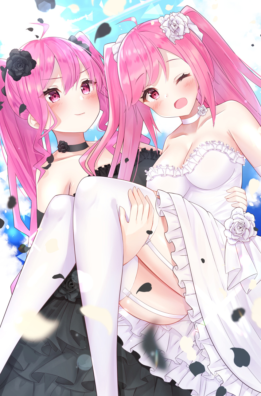 2girls ;d absurdres ahoge armpit_crease bangs bare_shoulders black_choker black_dress black_flower blush breasts carrying choker cleavage collarbone commentary_request dress flower frilled_dress frills grace_(sound_voltex) hair_between_eyes hair_flower hair_ornament highres medium_breasts multiple_girls nari_(narikashi) one_eye_closed open_mouth petals pink_eyes pink_hair princess_carry rasis sidelocks smile sound_voltex twintails white_choker white_dress white_flower